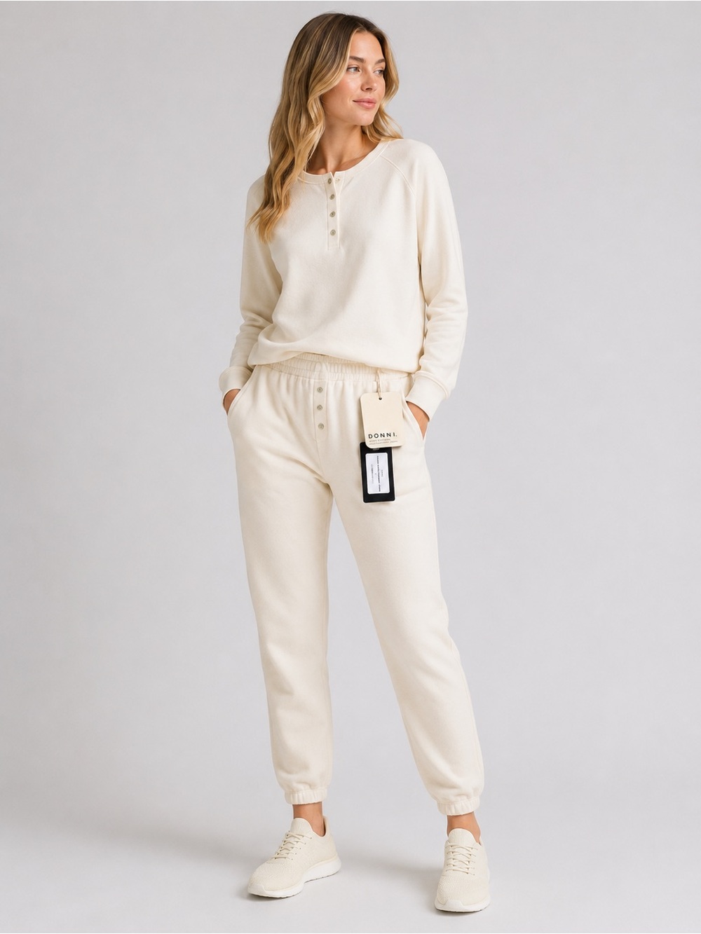 DONNI. Cream Ribbed Henley Lounge Joggers Size Small NWT